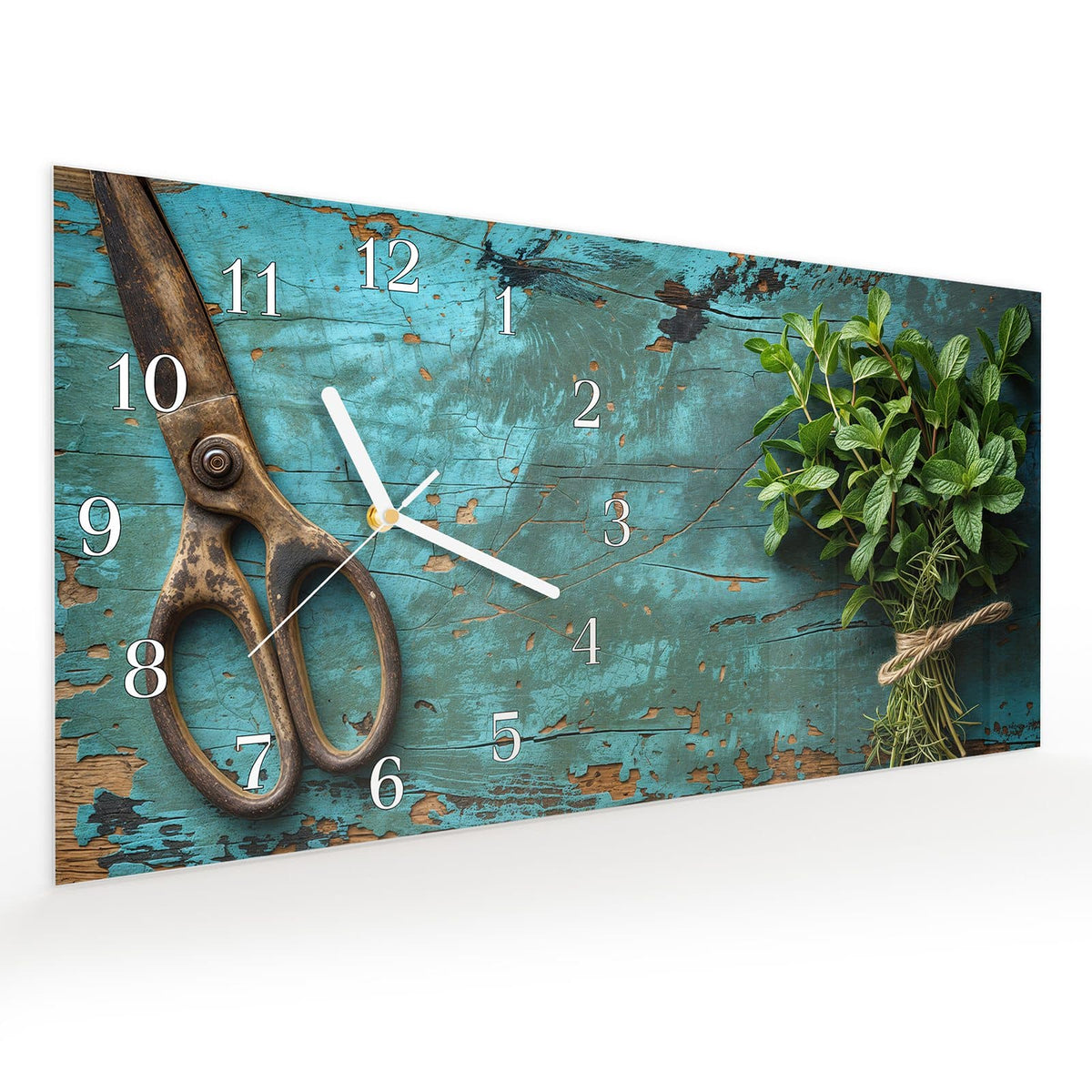 Vormontiert – mit Schwebeeffekt – Wanduhr Alte Schereauf Holz aus Glas – Querformat 60 × 30 cm