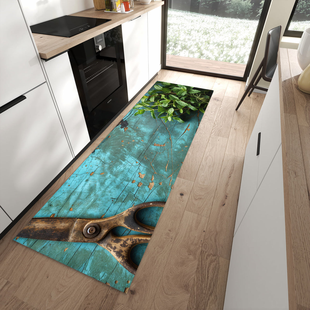 Langlebiger Küchenläufer mit Motiv Alte Schereauf Holz in moderner Küche