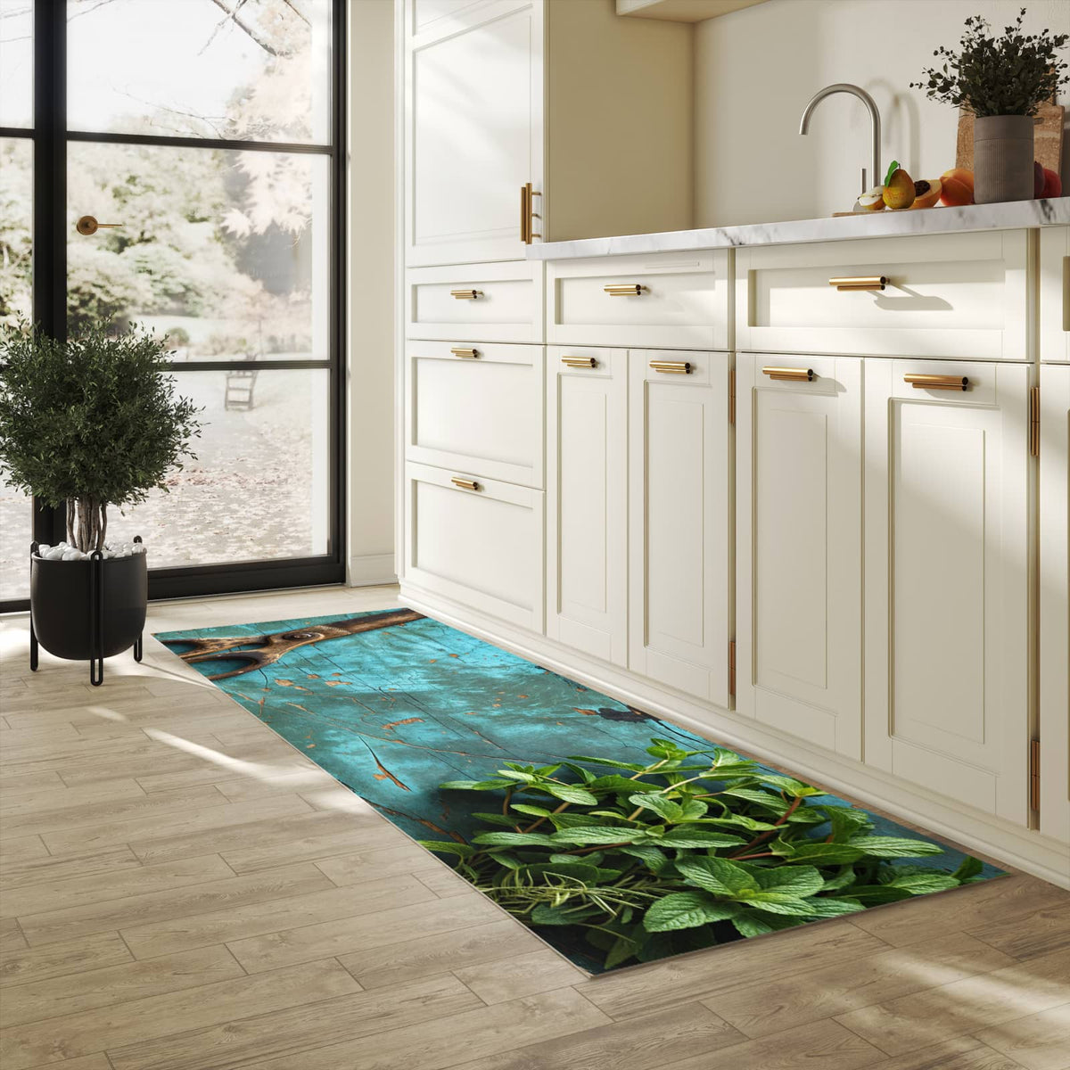 Rutschfester Küchenteppich mit Motiv Alte Schereauf Holz in heller Küche
