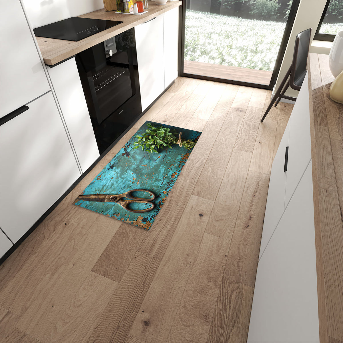 Pflegeleichter Küchenteppich mit Motiv Alte Schereauf Holz in moderner Küche #grösse_60 x 120 cm