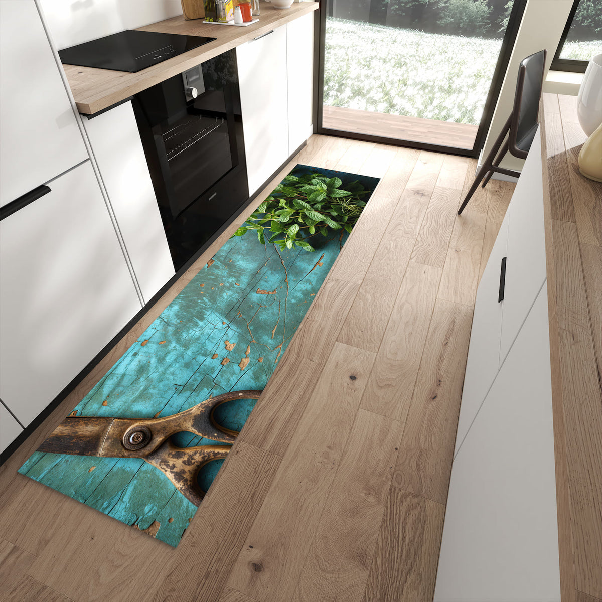 Leicht zu reinigender Küchenteppich mit Motiv Alte Schereauf Holz in moderner Küche