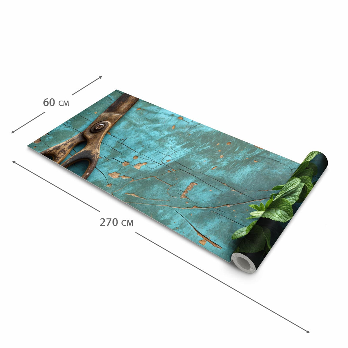 Pflegeleichter langer Teppich mit Motiv Alte Schereauf Holz in der Grösse 60x270 cm