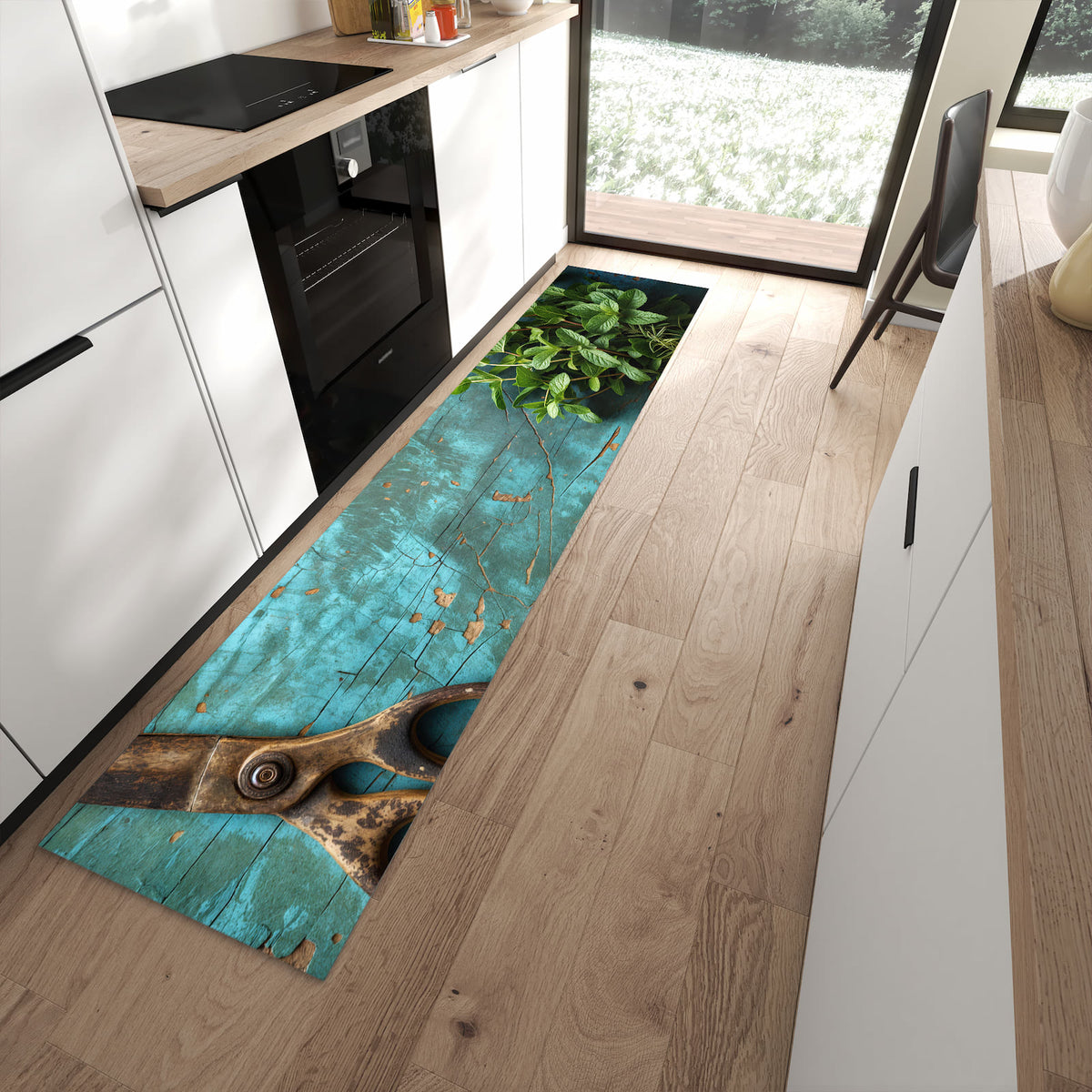 Küchenteppich mit Motiv Alte Schereauf Holz für angenehmes Stehen in moderner Küche