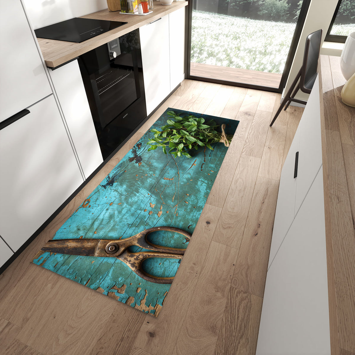 Waschbarer Küchenteppich mit Motiv Alte Schereauf Holz in moderner Küche
