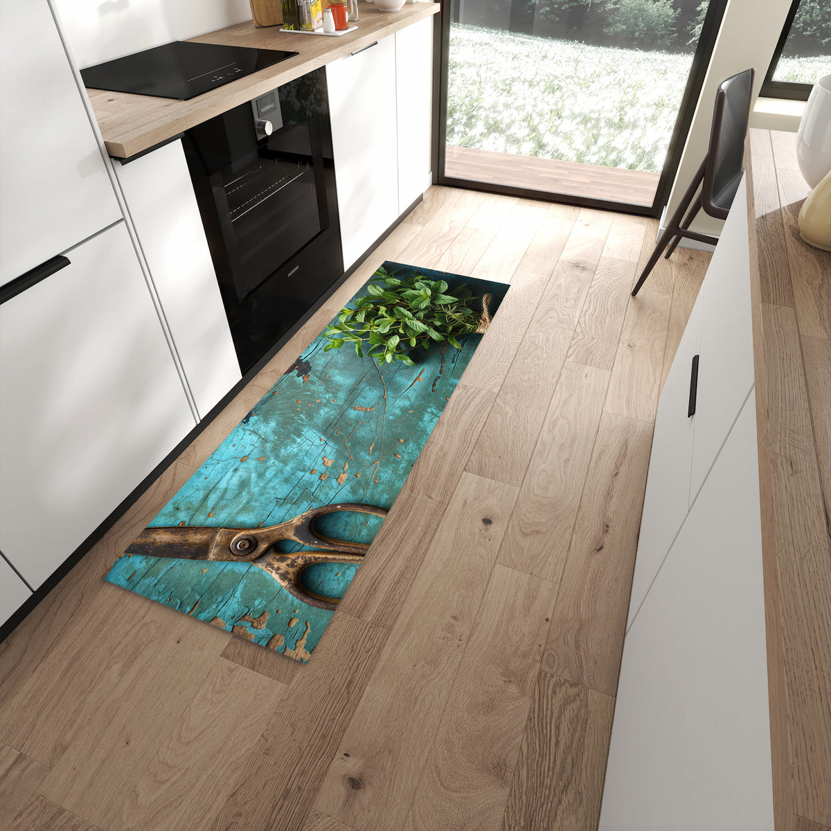 Rutschfester Küchenteppich mit Motiv Alte Schereauf Holz in moderner Küche