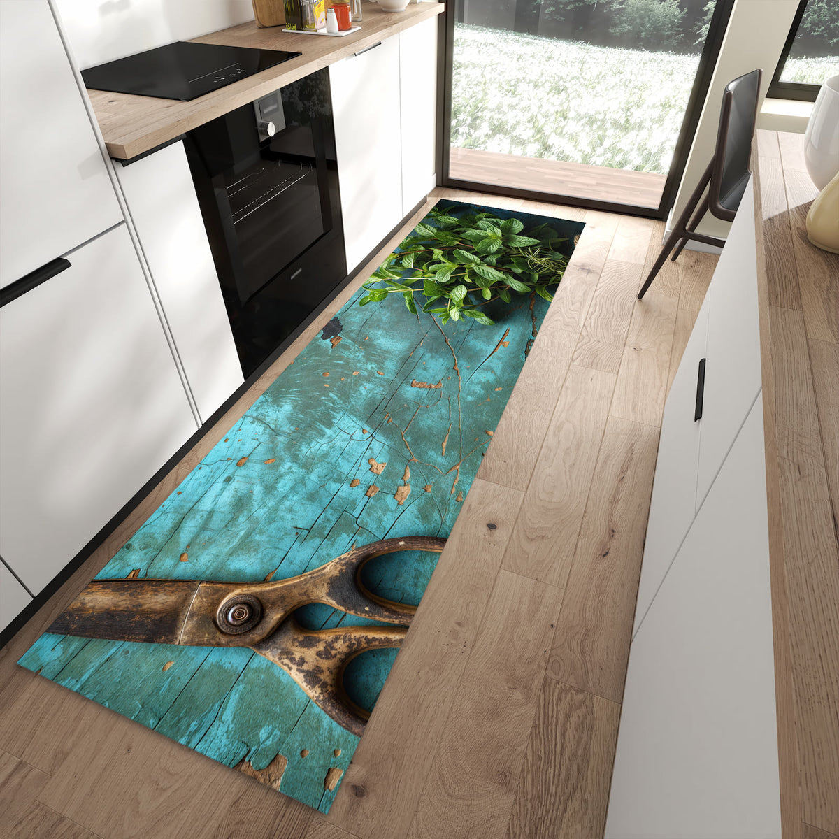 Rutschfester Küchenläufer mit Motiv Alte Schereauf Holz in moderner Küche