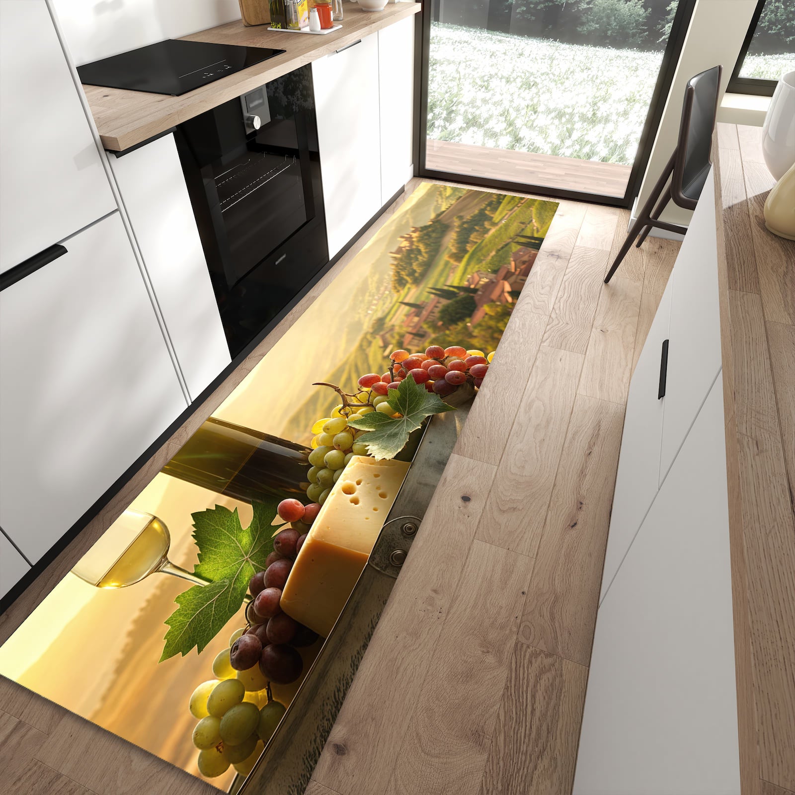 Geruchsneutraler Bodenläufer Teppich mit Motiv Weinland Idylle in moderner Küche
