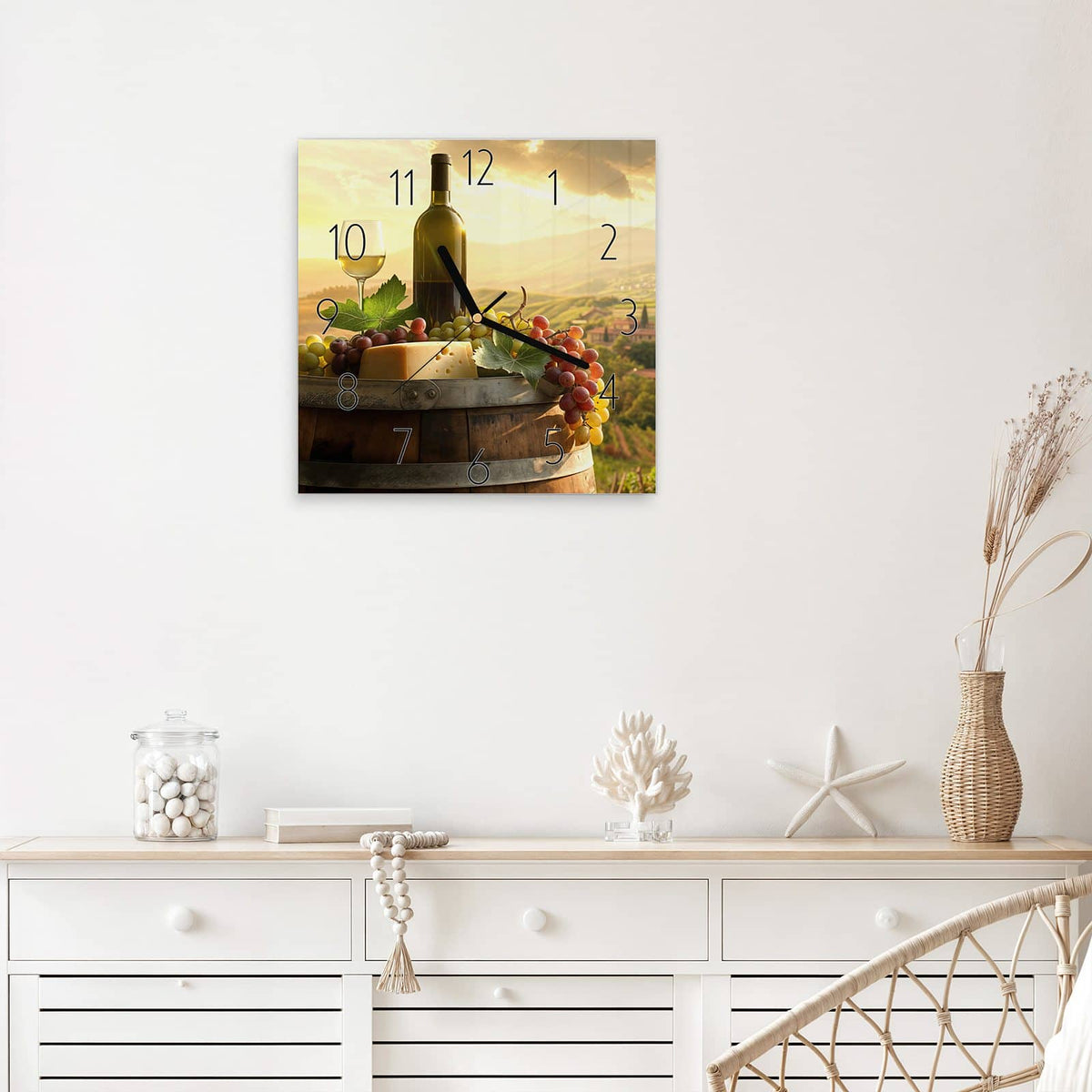 Wanduhr Wein und Käse aus Glas – Quadratisch 30 × 30 cm – Wein und Käse vor Weinbergen