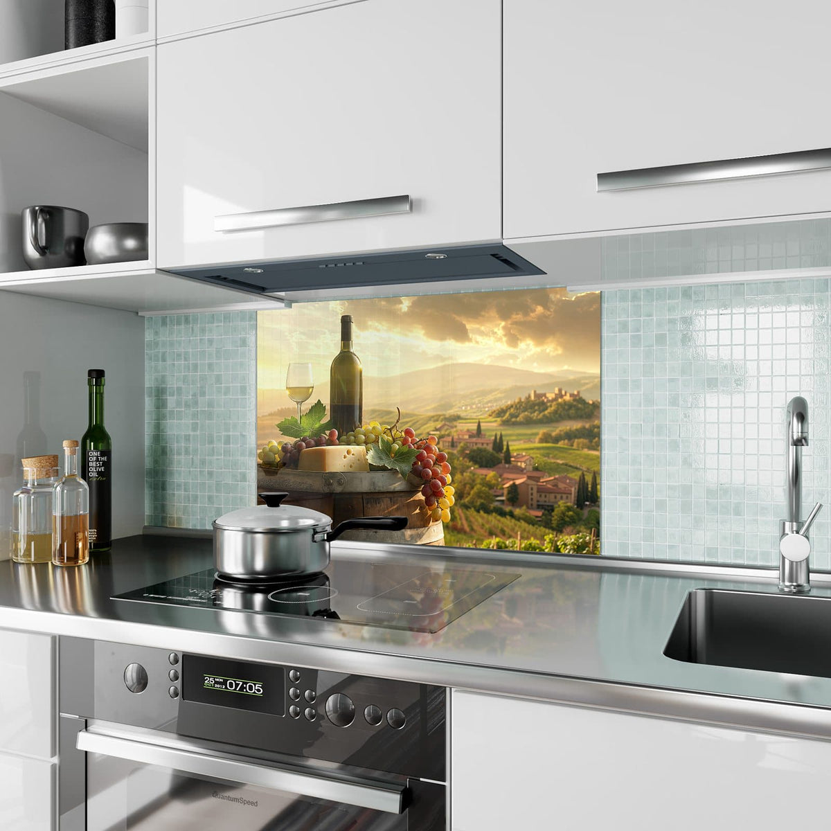 Küchenrückwand aus Glas Wein und Käse im Hochformat als Spritzschutz hinter dem Kochfeld, über dem Fliesenspiegel montiert