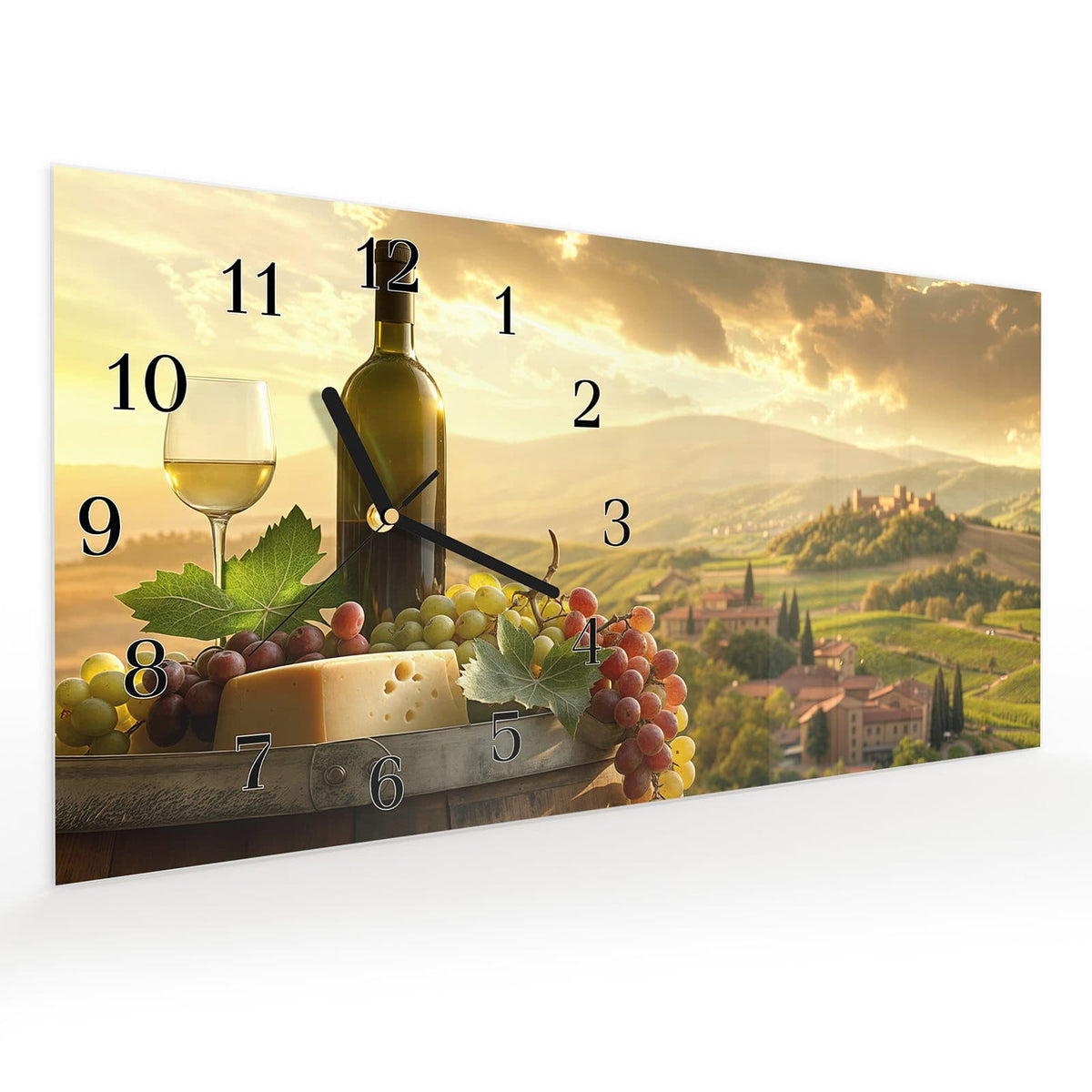 Vormontiert – mit Schwebeeffekt – Wanduhr Weinland Idylle aus Glas – Querformat 60 × 30 cm