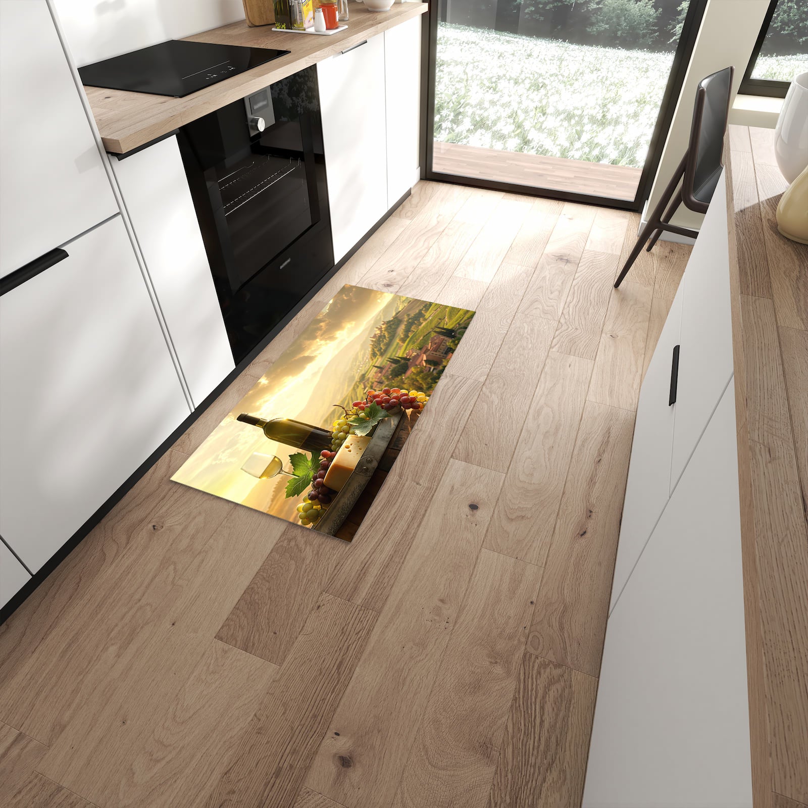Formstabiler langer Teppich mit Motiv Weinland Idylle in moderner Küche #grösse_60 x 120 cm