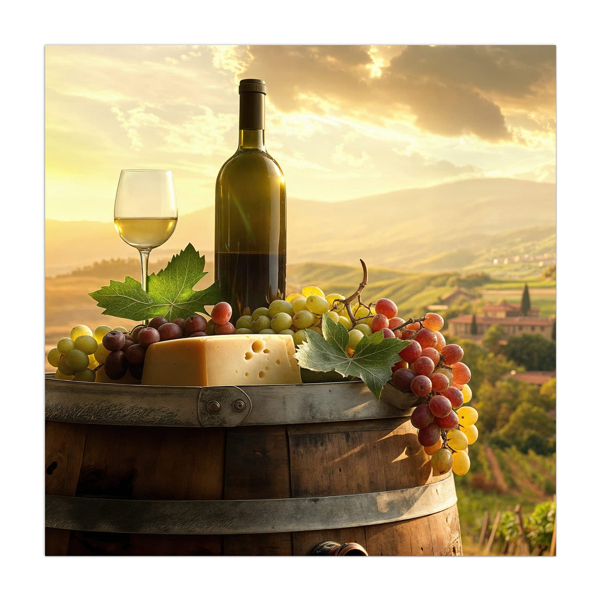 Küchenrückwand aus Glas Wein und Käse im quadratischen Format, Motiv bildfüllend von vorn