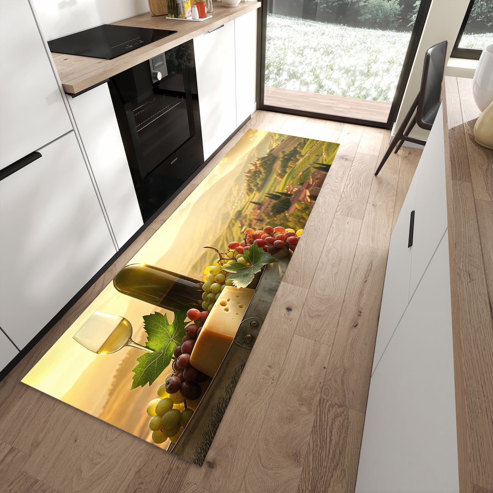 Fleckenresistenter rutschfester Küchenteppich mit Motiv Weinland Idylle in moderner Küche