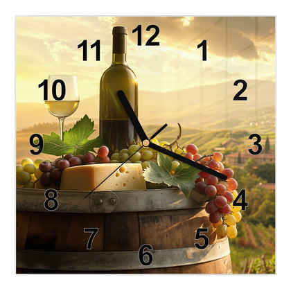 Wanduhr Quadratisch mit dem Motiv Wein und Käse