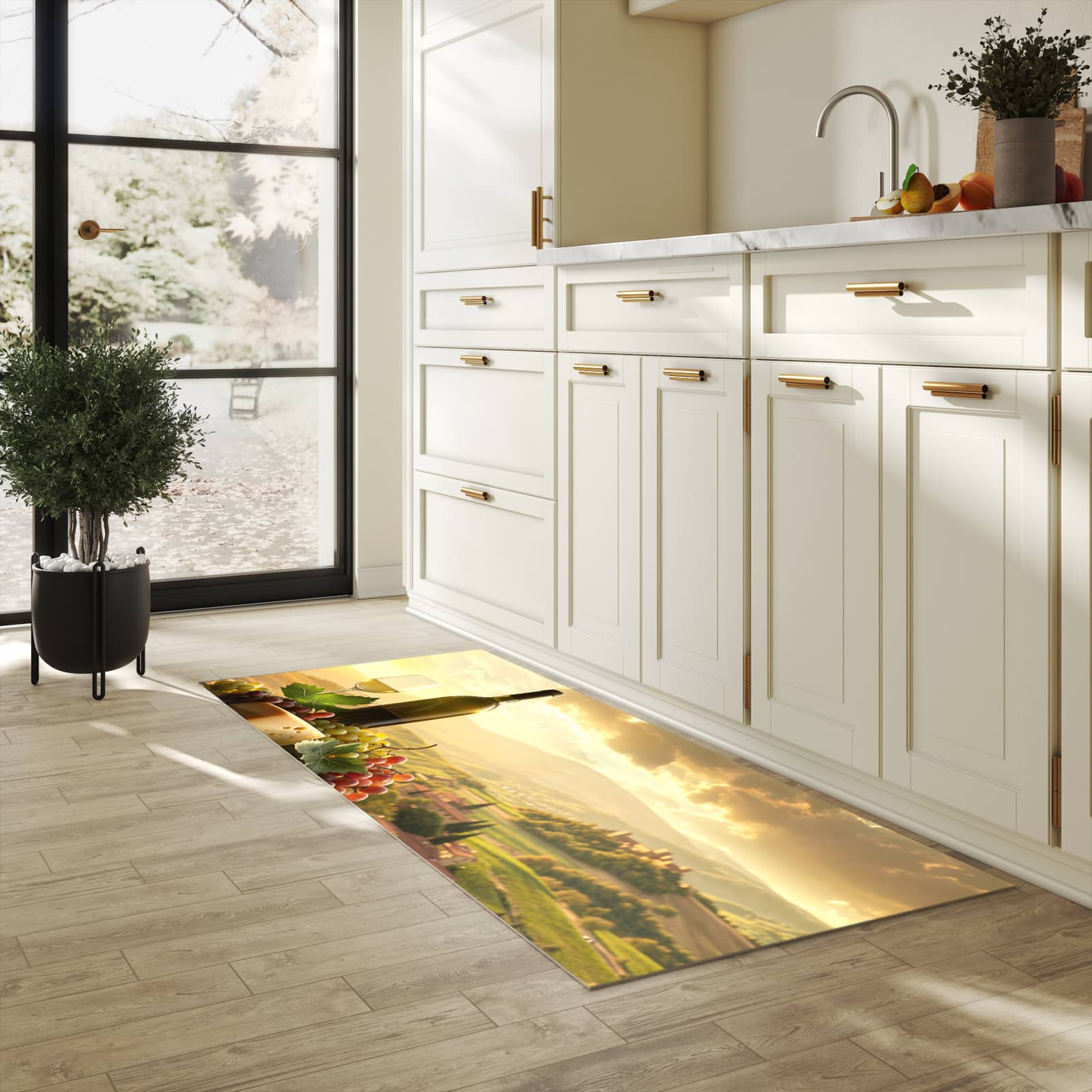 Fleckenresistenter rutschfester Küchenläufer mit Motiv Weinland Idylle in heller Küche