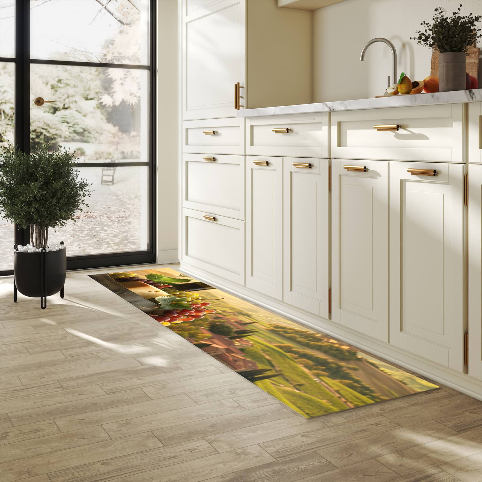 UV-beständiger Küchenläufer mit Motiv Weinland Idylle in heller Küche