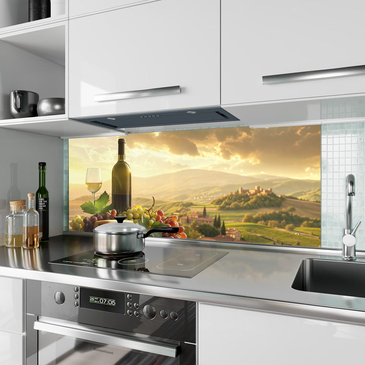 Küchenrückwand aus Glas Wein und Käse im Hochformat als Spritzschutz hinter dem Kochfeld, über dem Fliesenspiegel montiert