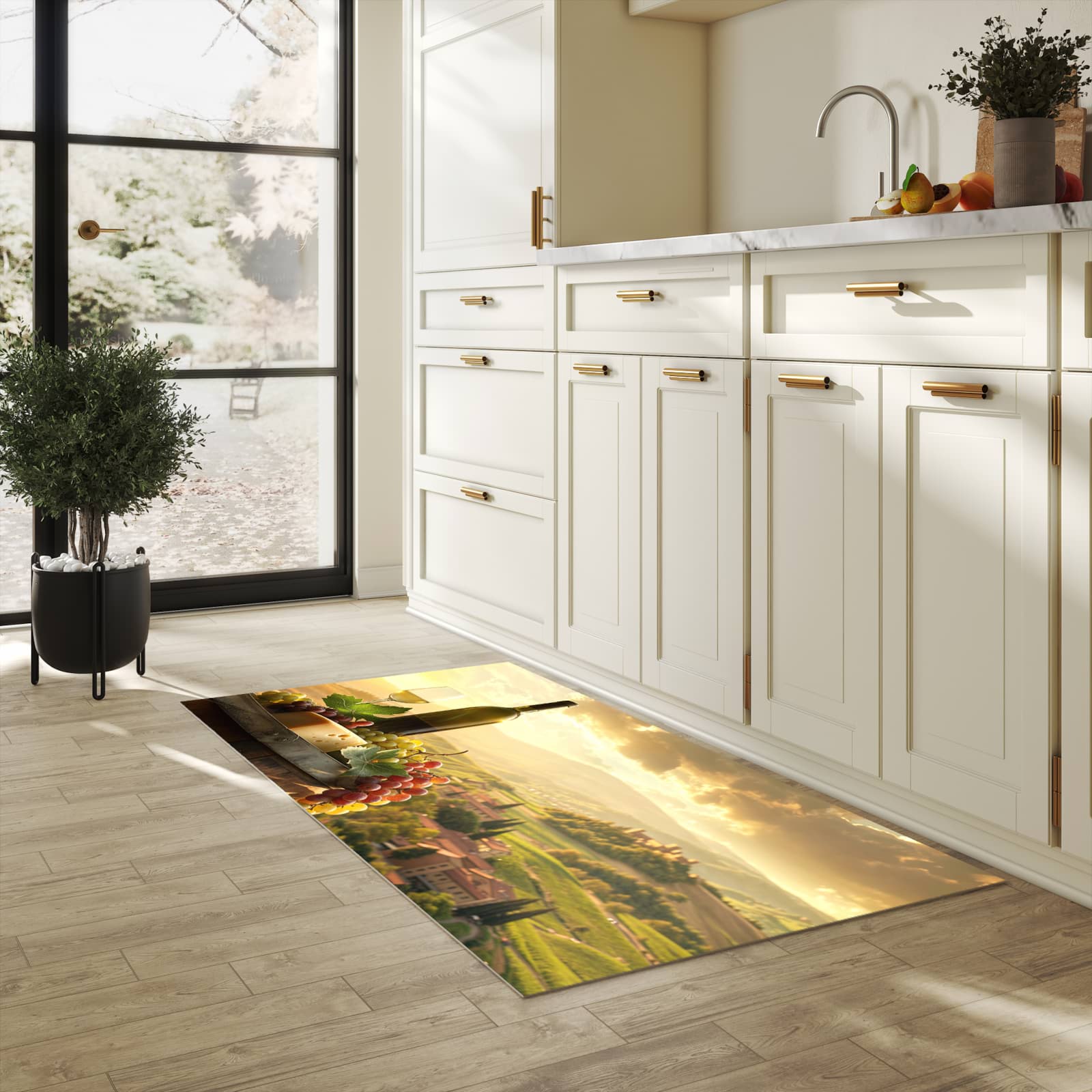 Flacher Küchenläufer nach Maß mit Motiv Weinland Idylle in heller Küche