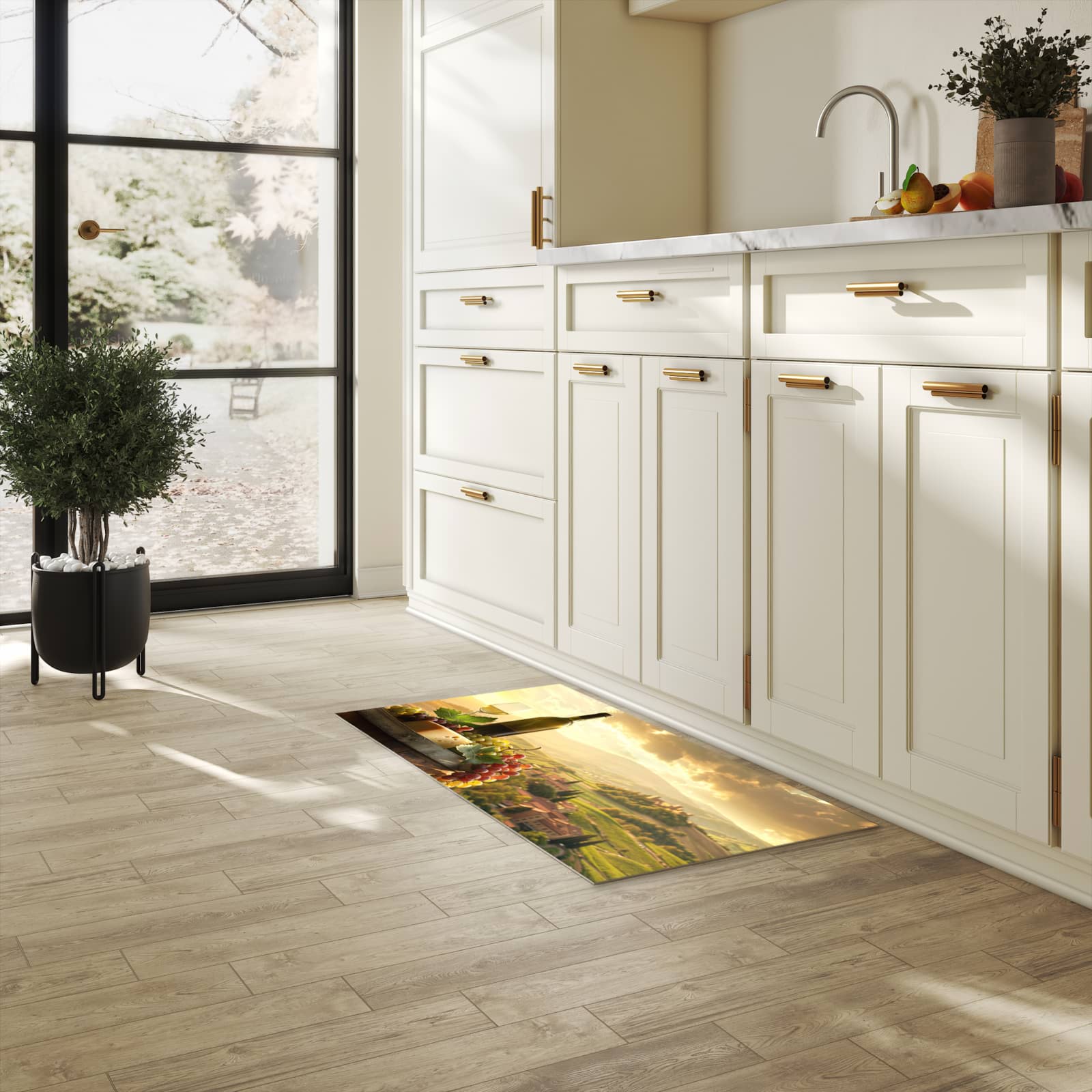 Rutschfester Küchenteppich mit Motiv Weinland Idylle in heller Küche für sicheren Stand