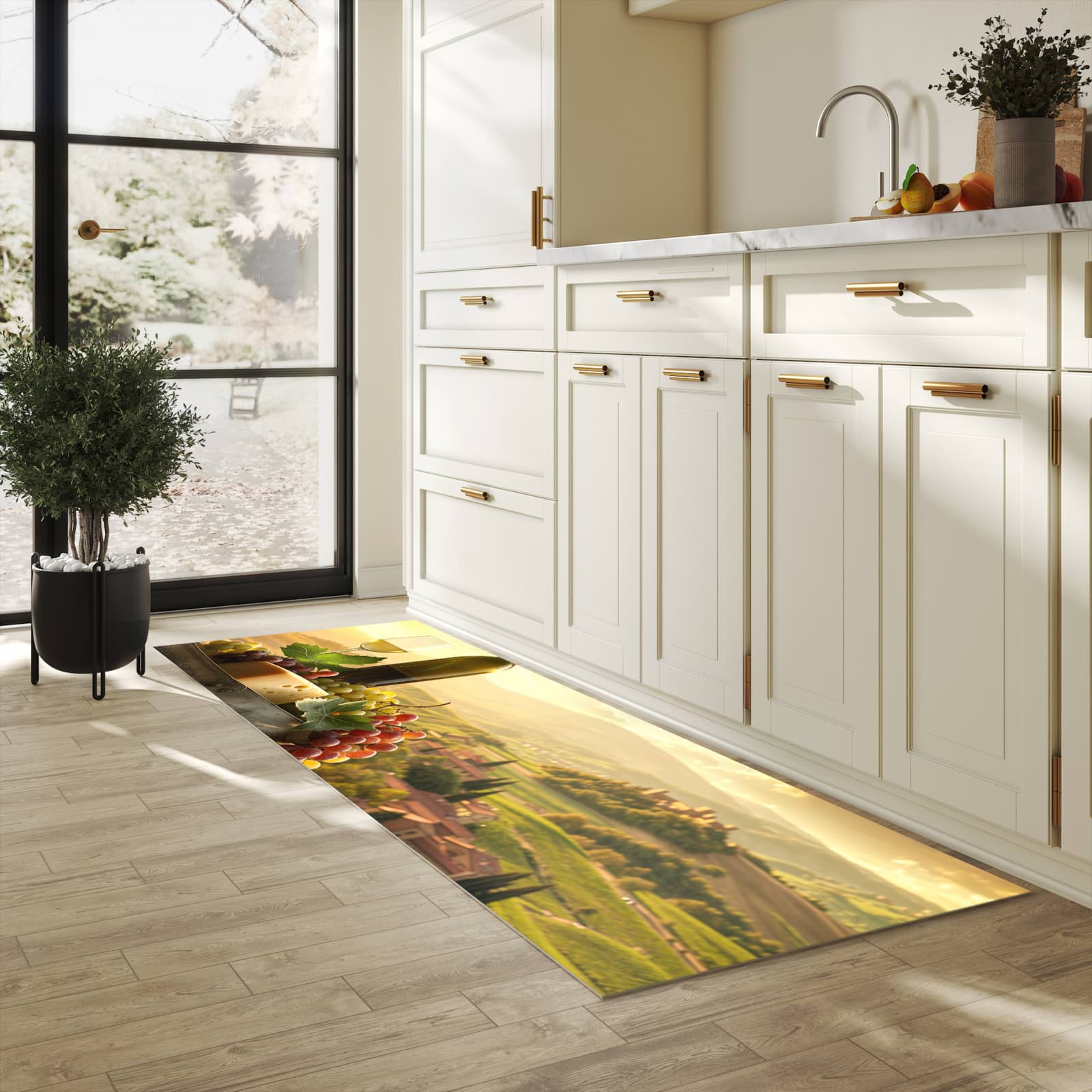 Schmutzabweisender Küchenläufer mit Motiv Weinland Idylle in heller Küche