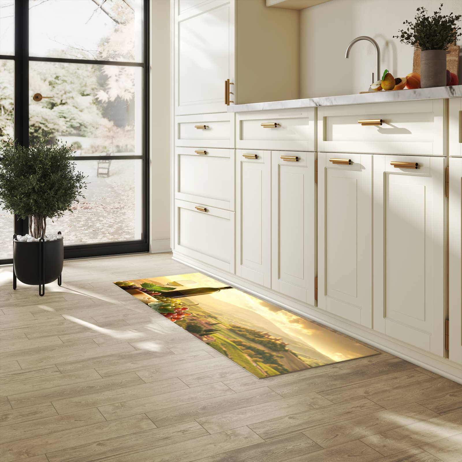 Geräuschdämpfender Küchenläufer mit Motiv Weinland Idylle in heller Küche