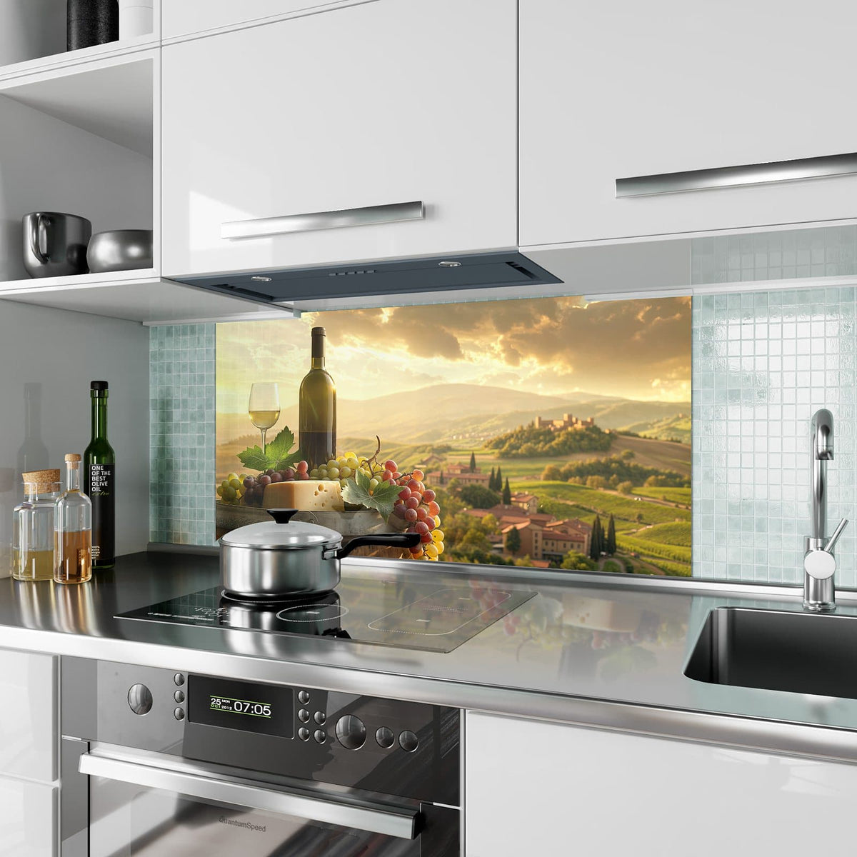 Küchenrückwand aus Glas Wein und Käse im Hochformat als Spritzschutz hinter dem Kochfeld, über dem Fliesenspiegel montiert