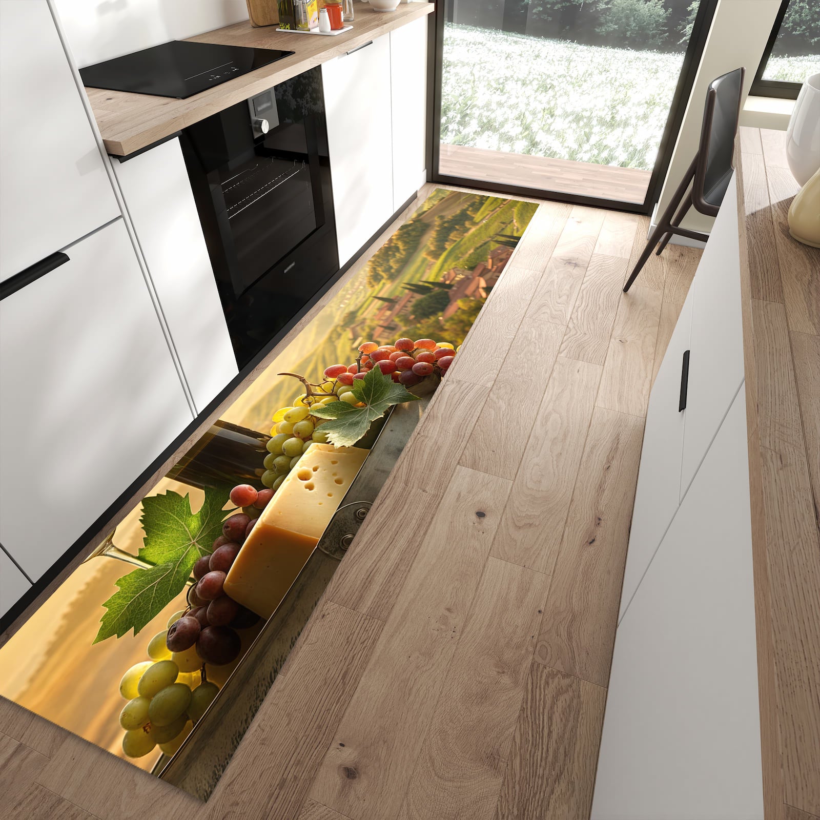 UV-beständiger waschbarer Küchenteppich mit Motiv Weinland Idylle in moderner Küche