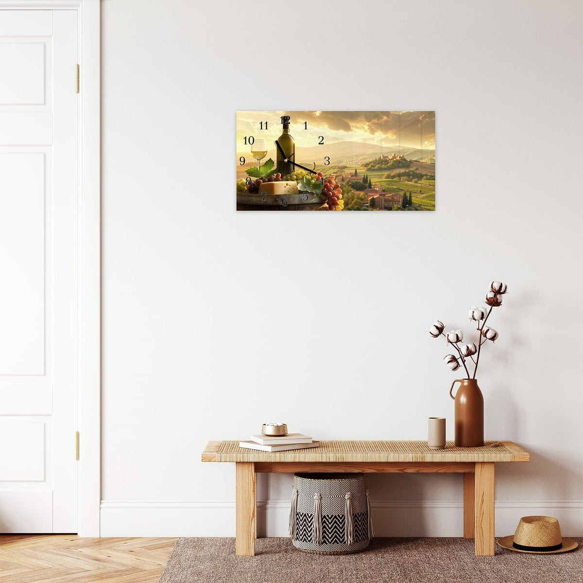 Moderne Wanduhr aus Glas mit Farbtiefe – Wanduhr Weinland Idylle aus Glas – Querformat 60 × 30 cm