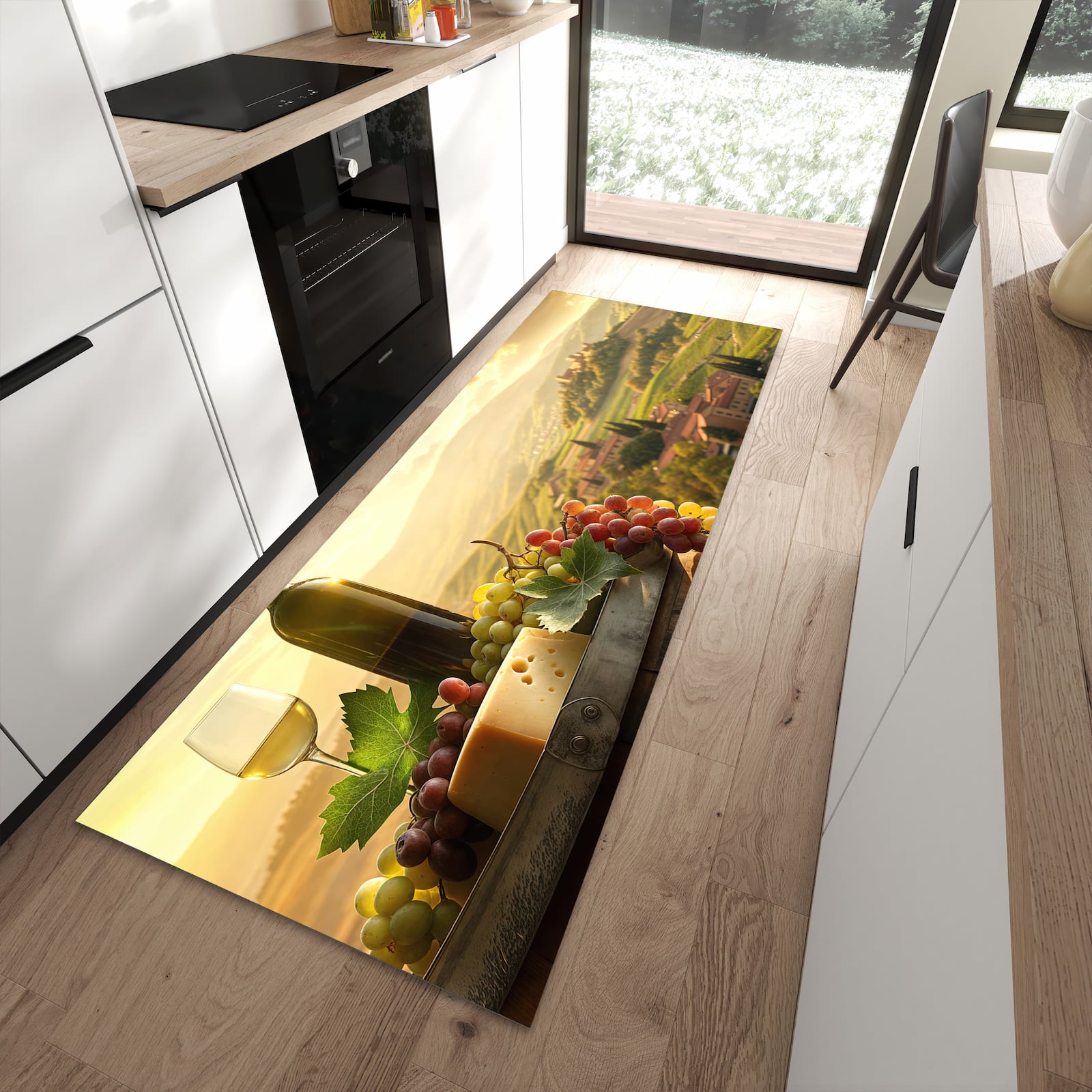 Flacher Küchenteppich mit Motiv Weinland Idylle in moderner Küche - waschbar