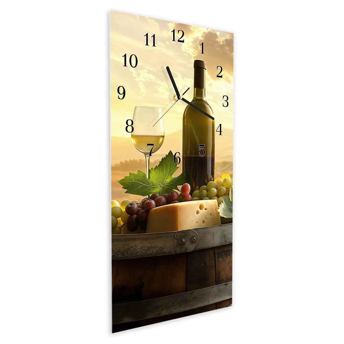 Vormontiert – mit Schwebeeffekt – Wanduhr Weinland Idylle aus Glas – Hochformat 30 × 60 cm