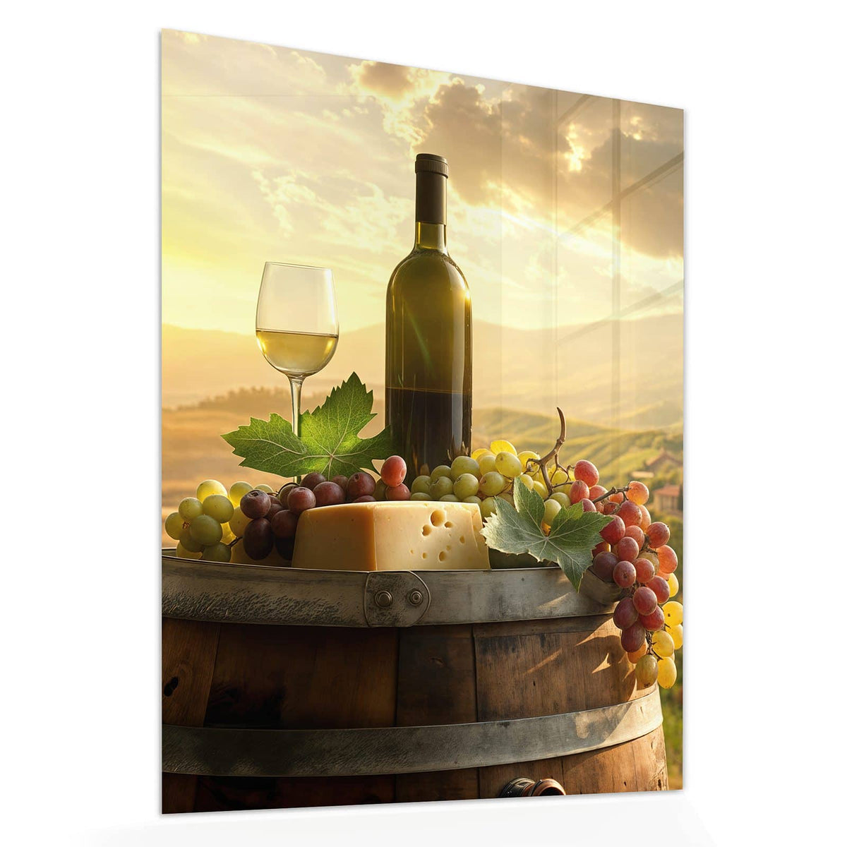 Echtglas, 4 mm – kein Acryl, keine Folie – Wandbild - Wein und Käse - Hochformat