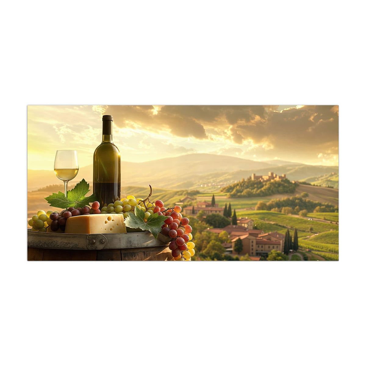 Küchenrückwand aus Glas Wein und Käse im Hochformat, Motiv bildfüllend von vorn