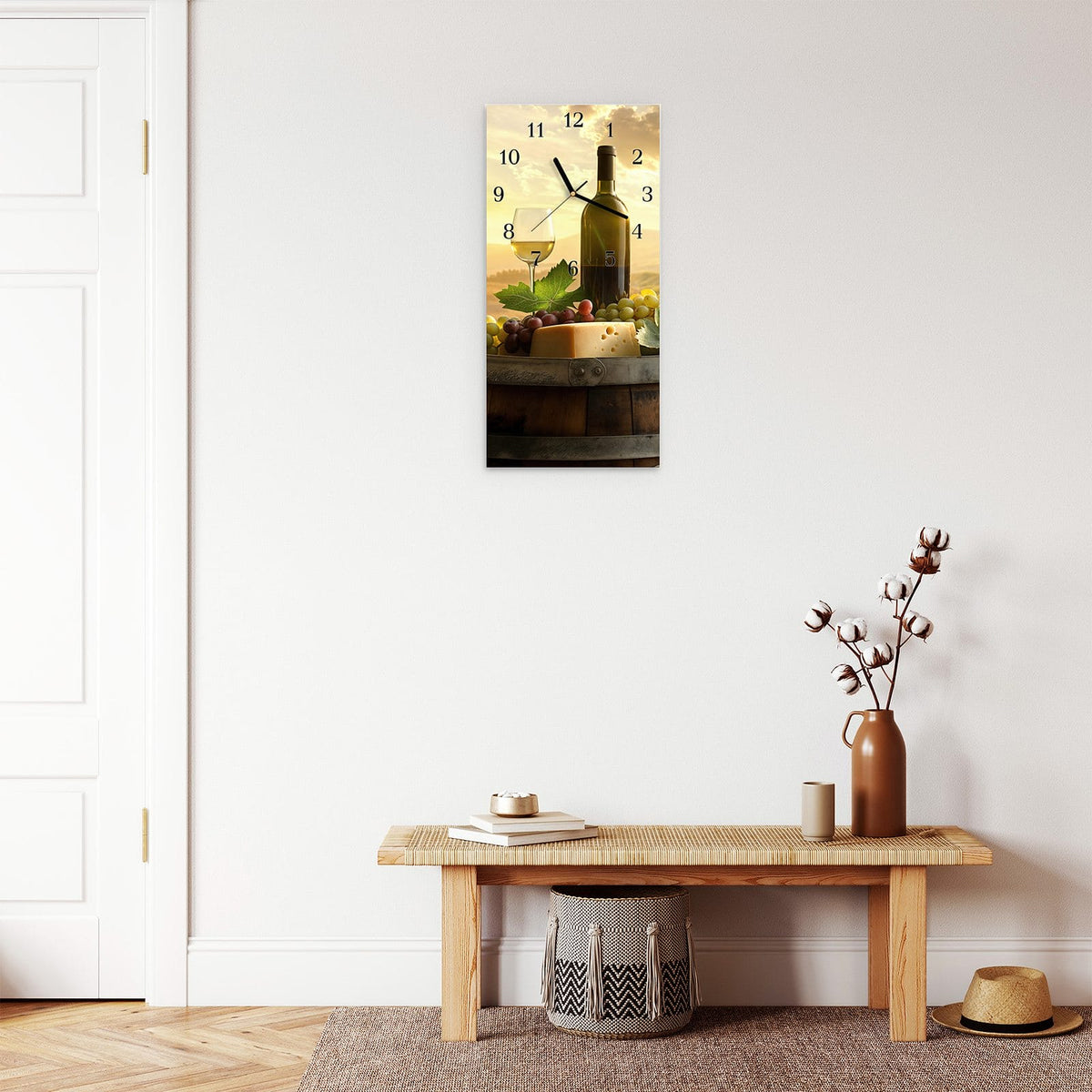 Moderne Wanduhr aus Glas mit Farbtiefe – Wanduhr Weinland Idylle aus Glas – Hochformat 30 × 60 cm