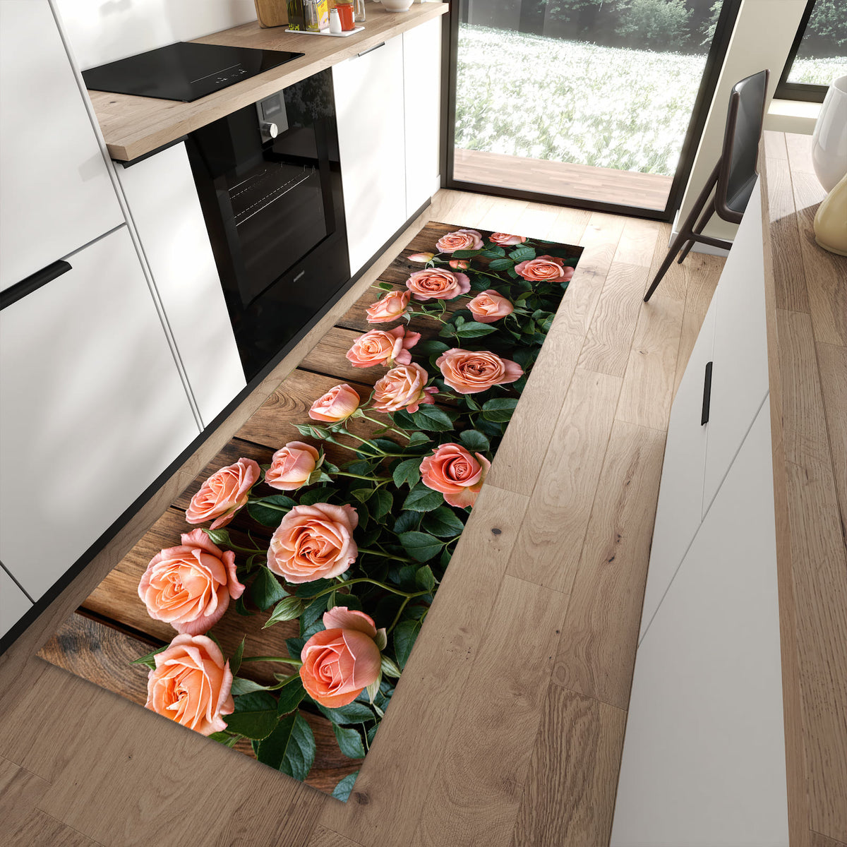 Feuchtigkeitsresistenter Küchenläufer mit Motiv Rosen Holzhintergrund in moderner Küche