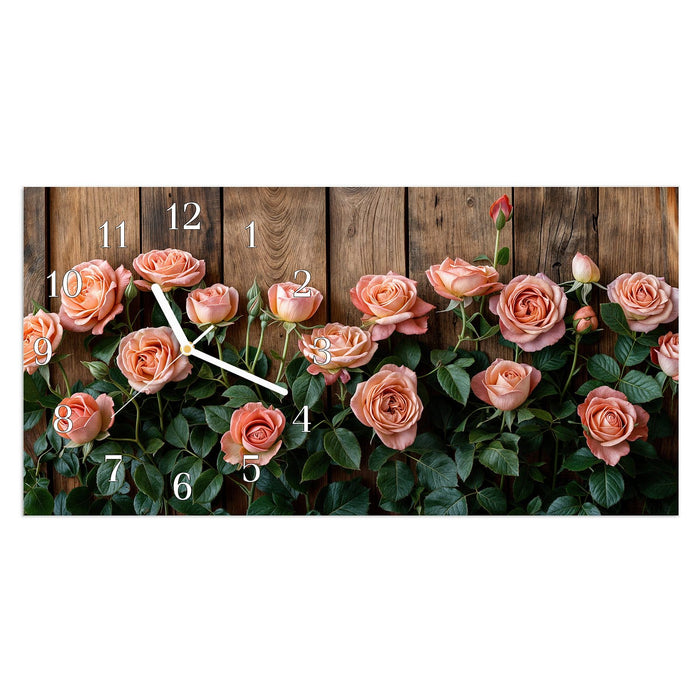 Wanduhr Rosen Holzhintergrund aus Glas – Querformat 60 × 30 cm mit Ziffernblatt Klassisch