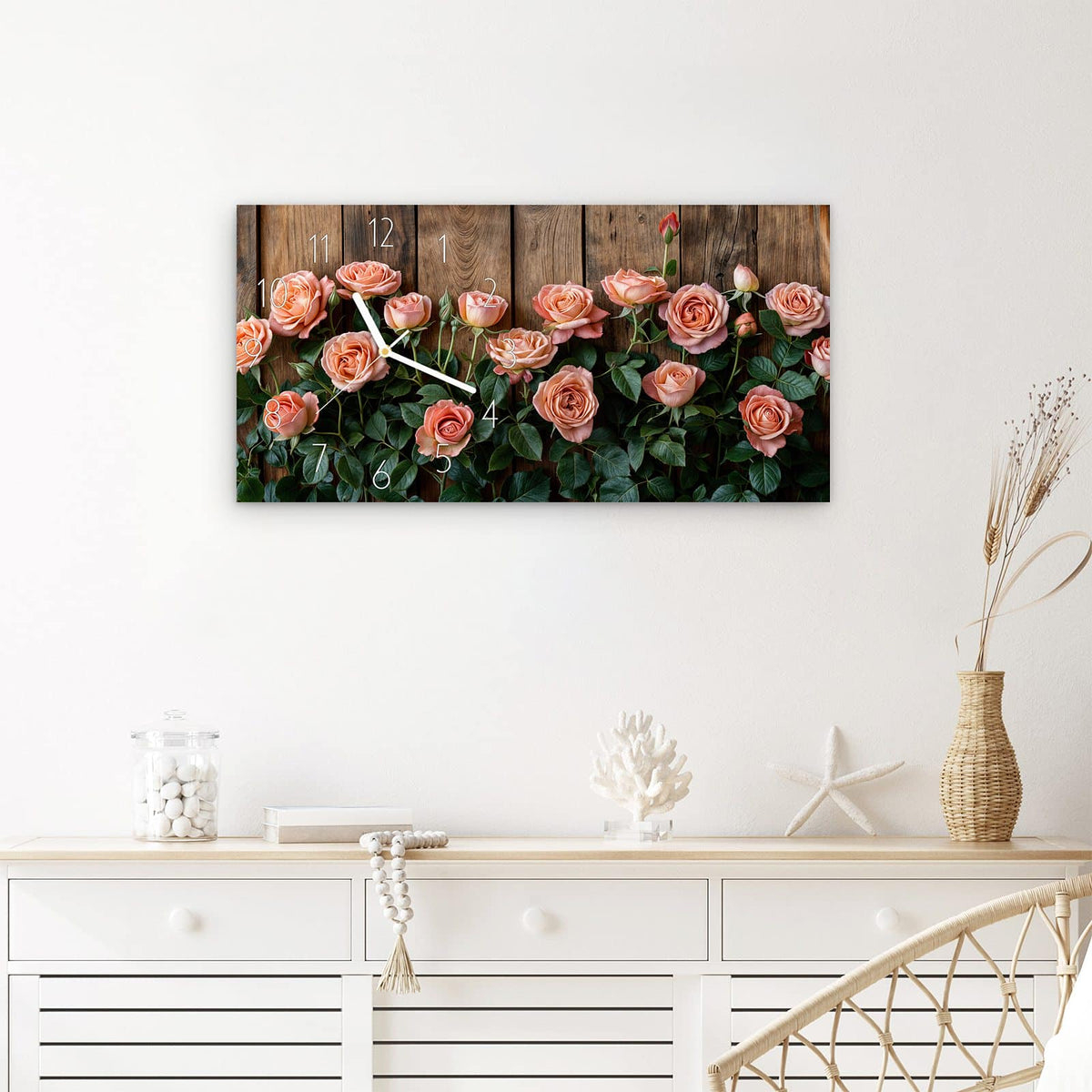 Wanduhr Rosen Holzhintergrund aus Glas – Querformat 60 × 30 cm – Apricotfarbene Rosen vor Altholz