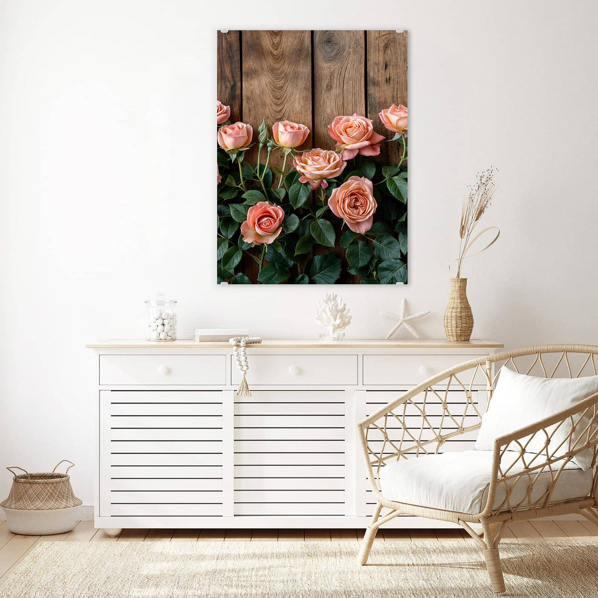 Aufhängung liegt bei – Motiv später wechselbar – Wandbild - Rosen vor Holzwand - Hochformat