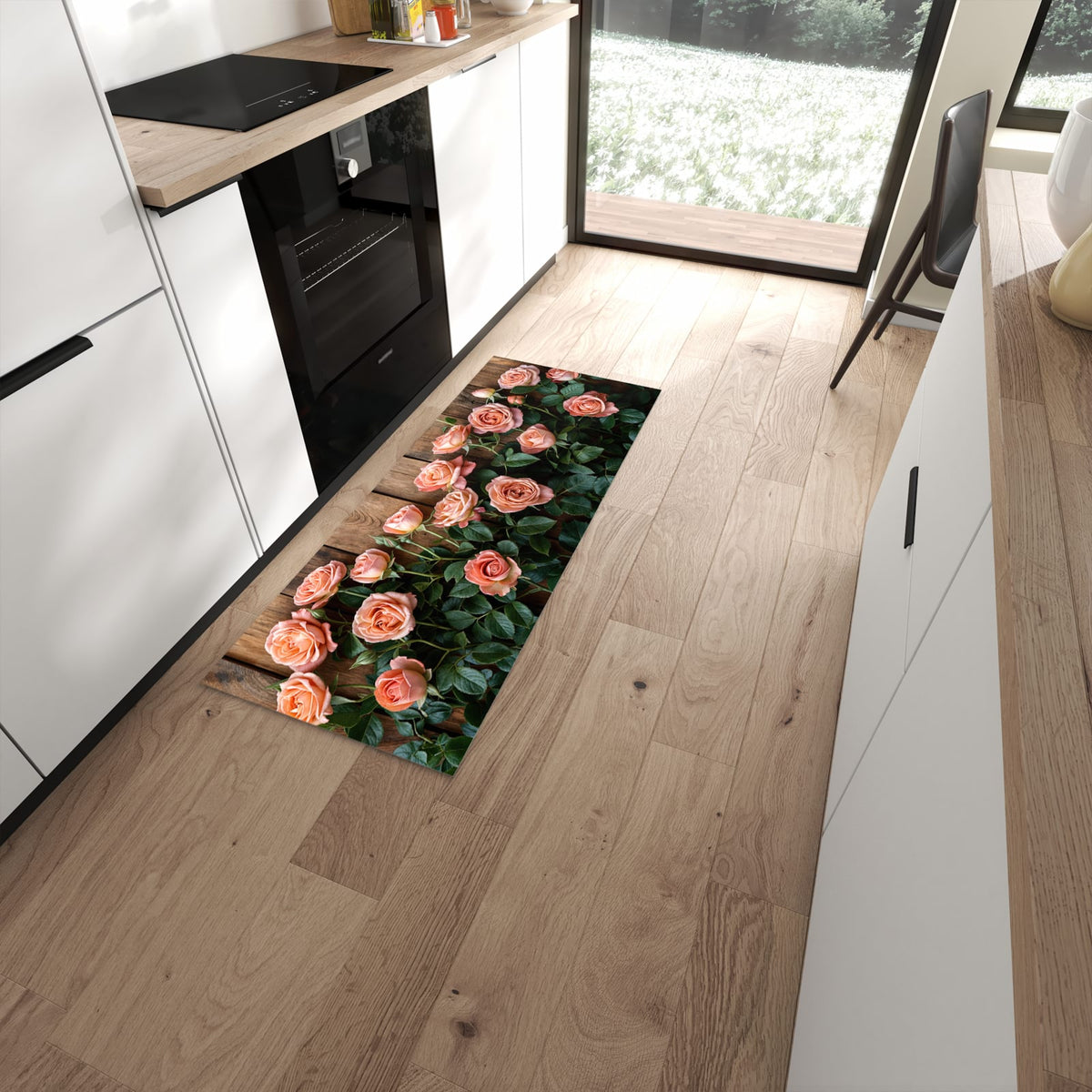 Abwischen statt waschen – Küchenläufer - Rosen vor Holzwand