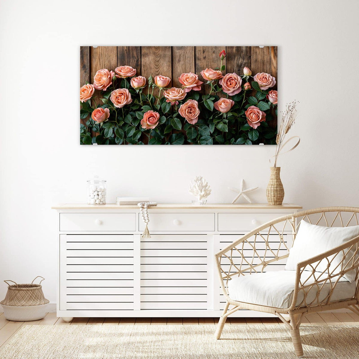 Echtglas, 4 mm – kein Acryl, keine Folie – Wandbild - Rosen vor Holzwand - Querformat
