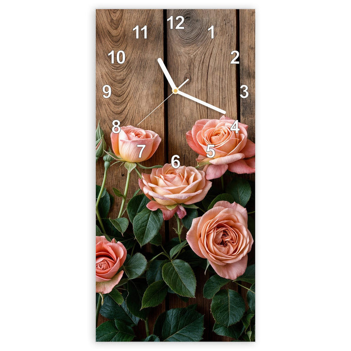 Wanduhr Rosen Holzhintergrund aus Glas – Hochformat 30 × 60 cm mit Ziffernblatt Modern