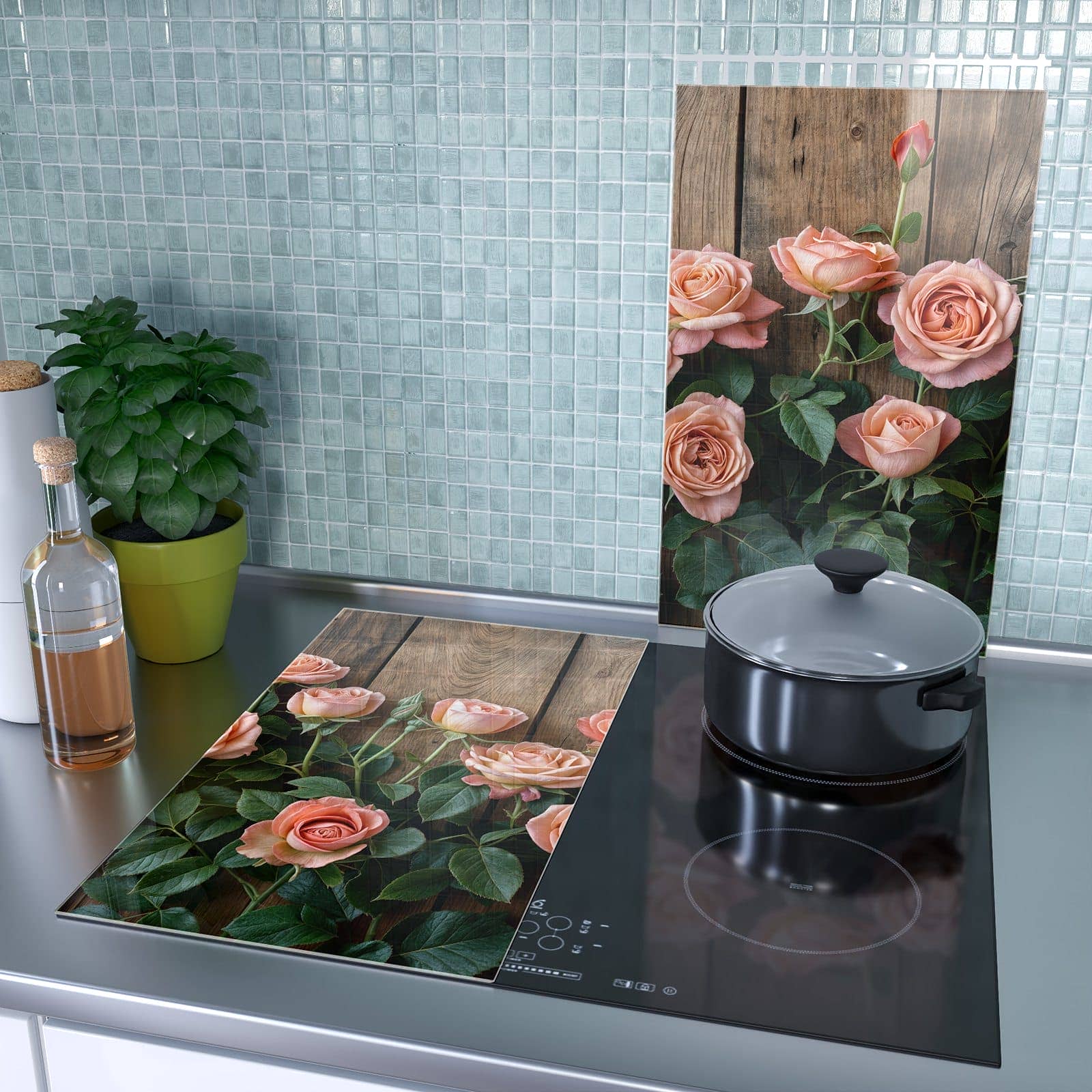 2-teilige Herdabdeckplatten mit Rosen Holzhintergrund-Motiv als Spritzschutz hinter dem Kochfeld