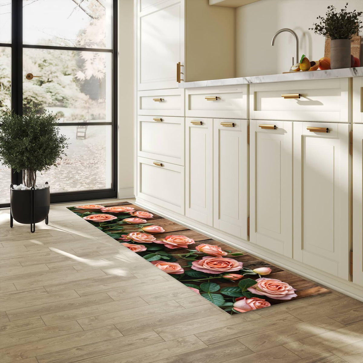 Waschbarer Bodenläufer Teppich mit Motiv Rosen Holzhintergrund in heller Küche