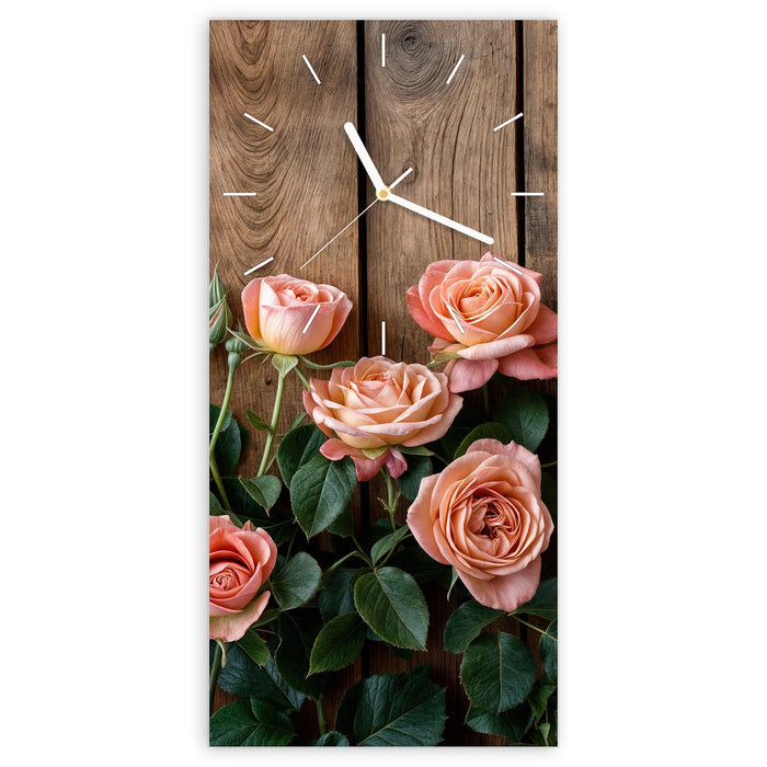 Wanduhr Rosen Holzhintergrund aus Glas – Hochformat 30 × 60 cm mit Ziffernblatt Linie