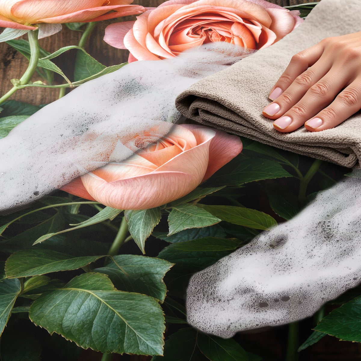 Pflegeleichter Küchenteppich mit Motiv Rosen Holzhintergrund für komfortables Stehen