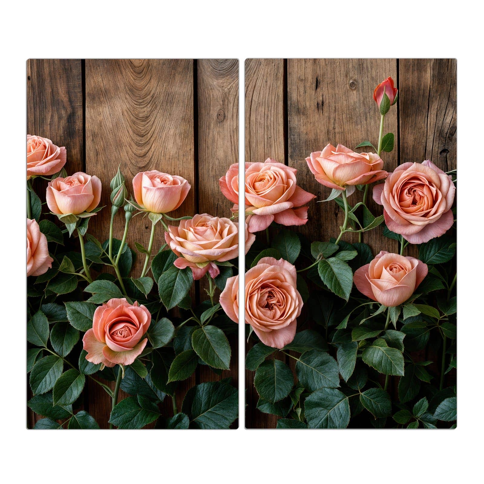 2-teilige Herdabdeckplatte mit Rosen Holzhintergrund-Motiv in der Frontansicht