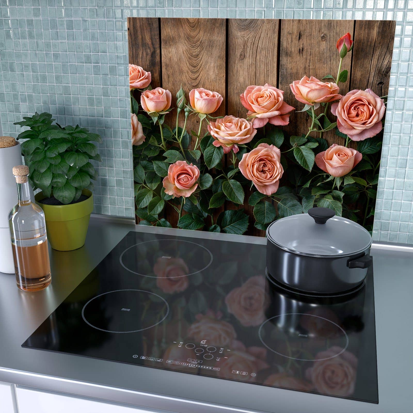 1-teilige Herdabdeckplatte aus Glas mit Rosen Holzhintergrund-Motiv als Spritzschutz hinter dem Kochfeld