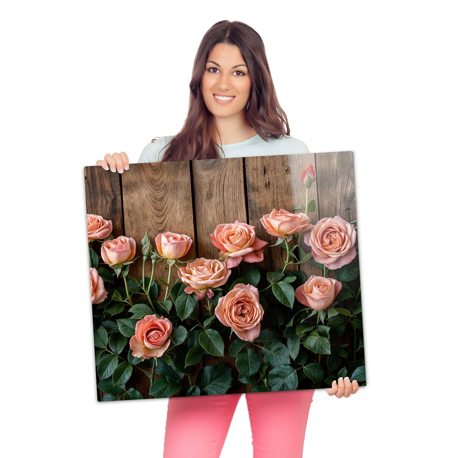 Herdabdeckplatte mit Rosen Holzhintergrund-Motiv wird zur Größendarstellung gehalten