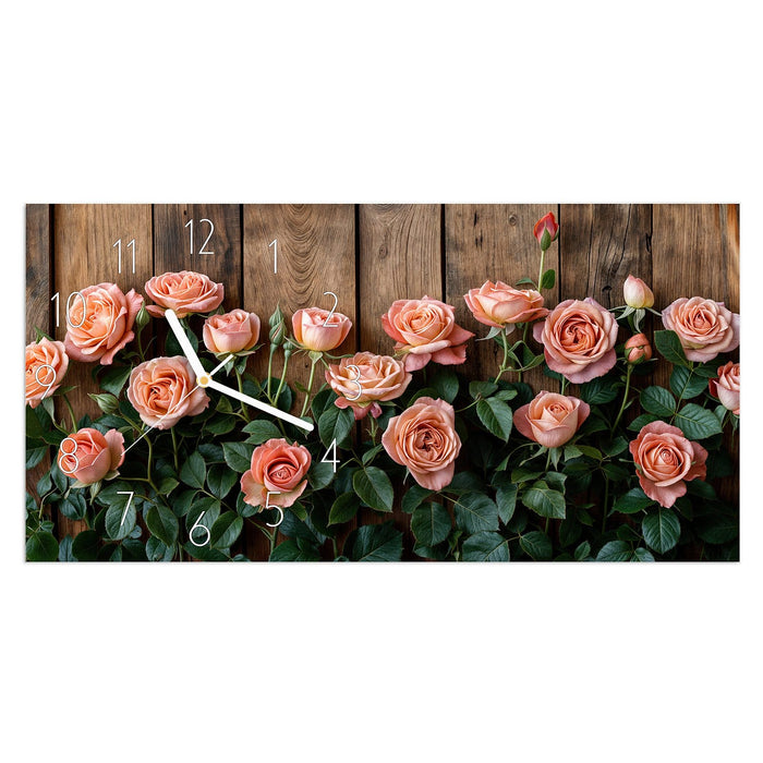 Wanduhr Rosen Holzhintergrund aus Glas – Querformat 60 × 30 cm mit Ziffernblatt Elegant