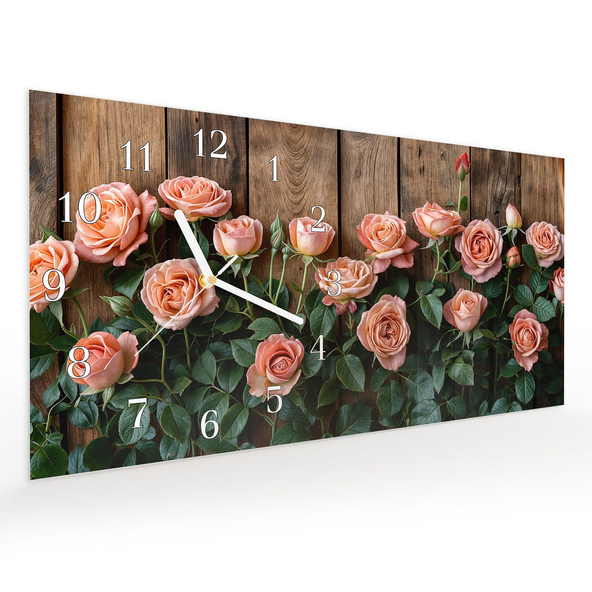 Vormontiert – mit Schwebeeffekt – Wanduhr Rosen Holzhintergrund aus Glas – Querformat 60 × 30 cm