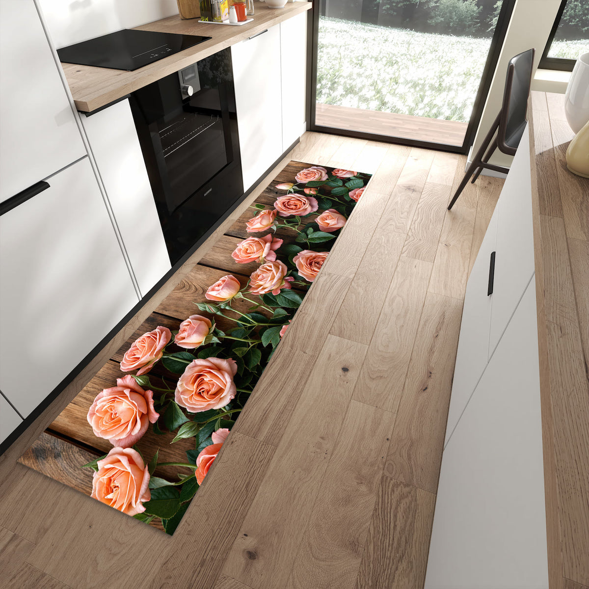 Hygienischer Läufer für die Küche mit Motiv Rosen Holzhintergrund in moderner Küche